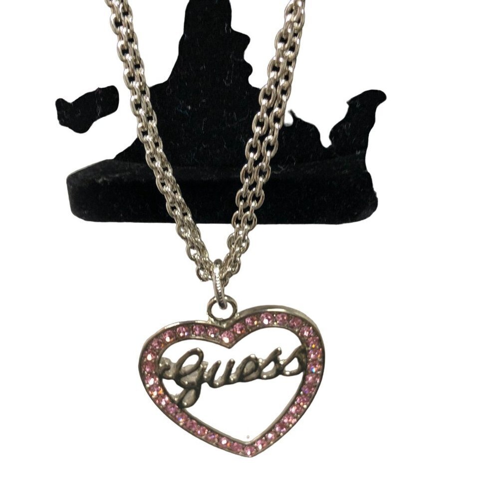 GUESS TWO STRAND SILVER TONE HEART CHARM NECKLACE 30" NWT